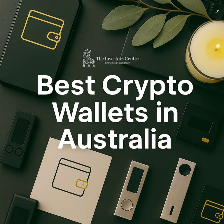 A flatlay photograph featuring various crypto hardware wallets, a smartphone, and eucalyptus leaves on a dark green background, with text overlay reading 'Best Crypto Wallets in Australia' and The Investors Centre logo.
