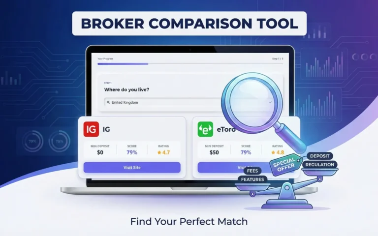 Illustration of a broker comparison tool on a laptop screen, featuring IG and eToro ratings. A magnifying glass highlights features. Text reads 'Find Your Perfect Match