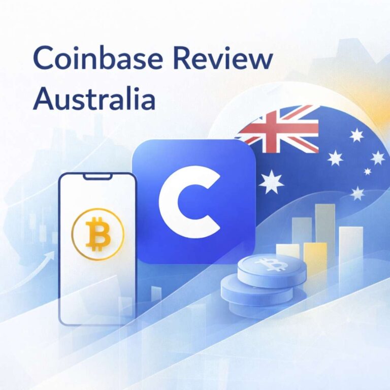 Abstract illustration for a Coinbase review in Australia, showing a crypto trading app, Bitcoin icons, and Australian market elements.