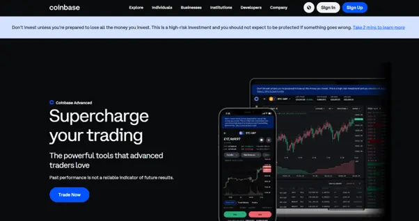 Coinbase webpage showcasing trading platforms on a phone and desktop screen with stock charts. Headline reads Supercharge your trading. Dark theme design.
