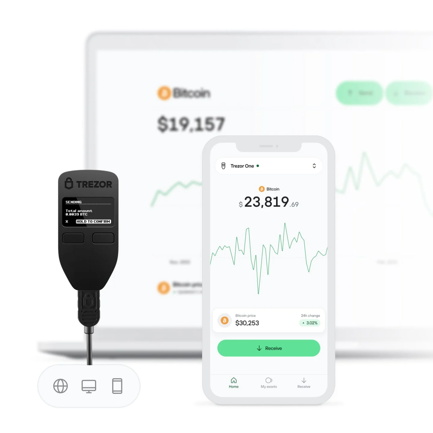 Trezor Model One hardware wallet shown alongside the Trezor Suite mobile app displaying Bitcoin portfolio