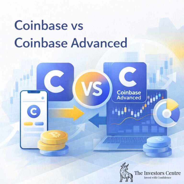 Abstract comparison illustration showing Coinbase versus Coinbase Advanced, with trading charts, app interfaces, and a visual versus indicator.