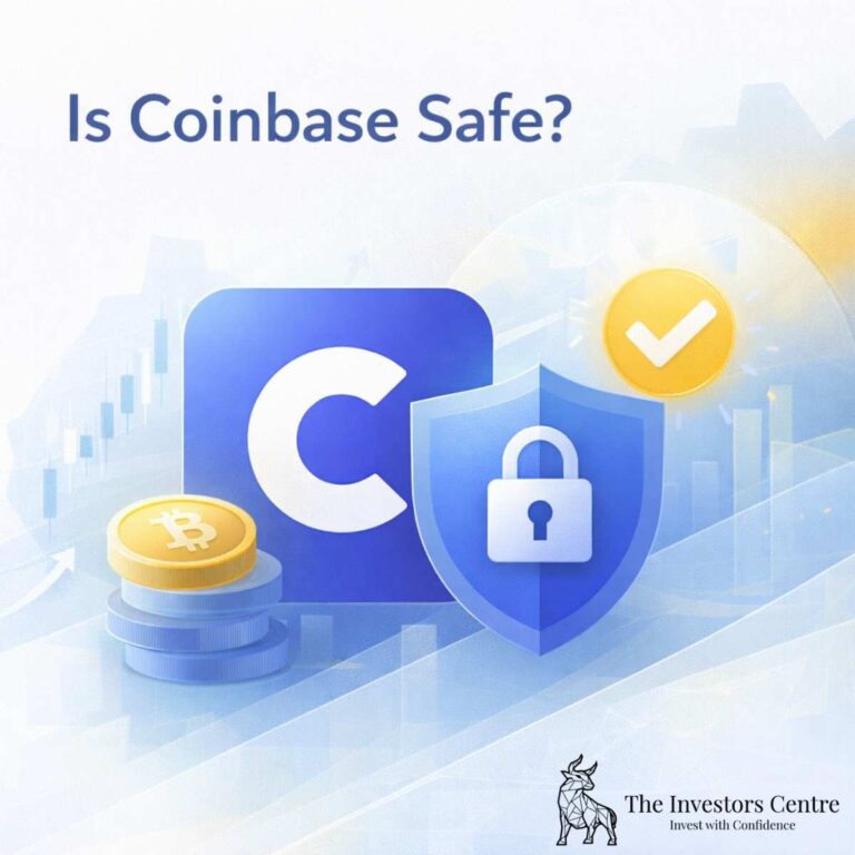 Abstract illustration showing Coinbase security features, with a shield and lock icon, Bitcoin coins, and symbols representing safe crypto trading.