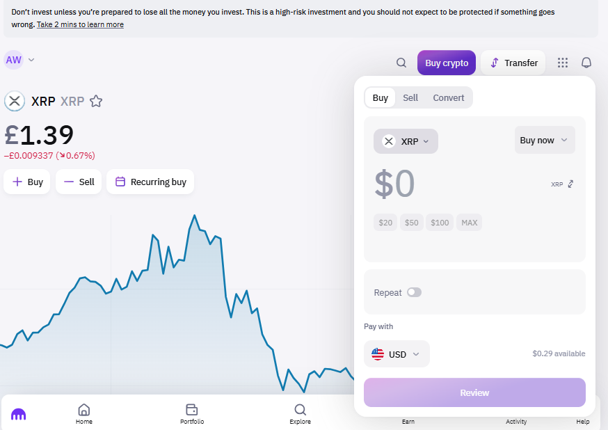 Kraken buy XRP order screen showing purchase interface