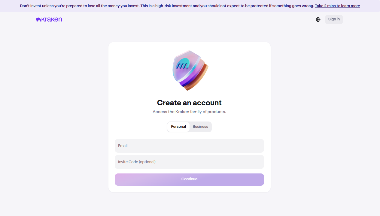 Kraken account creation and sign up page