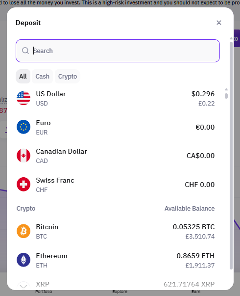 Kraken deposit screen showing fiat and crypto deposit options