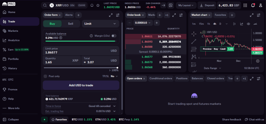 Kraken Pro XRP/USD trading interface with professional charting