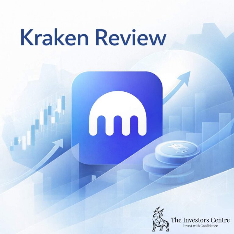 Abstract illustration for a Kraken review showing a crypto exchange interface, market charts, and Bitcoin trading elements.
