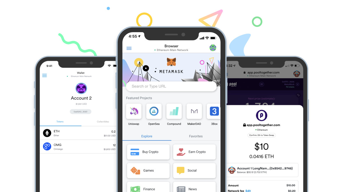 MetaMask mobile app showing three screens including wallet, browser with DApps, and a token swap confirmation