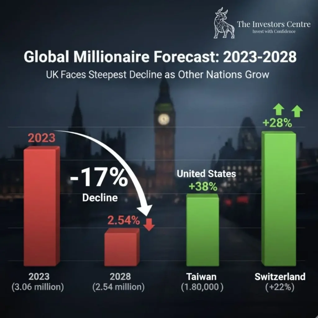 Bar chart showing the UK millionaire population forecast to decline by 17% from 3.06 million in 2023 to 2.54 million by 2028, contrasting with projected growth in countries like Switzerland and Taiwan.
