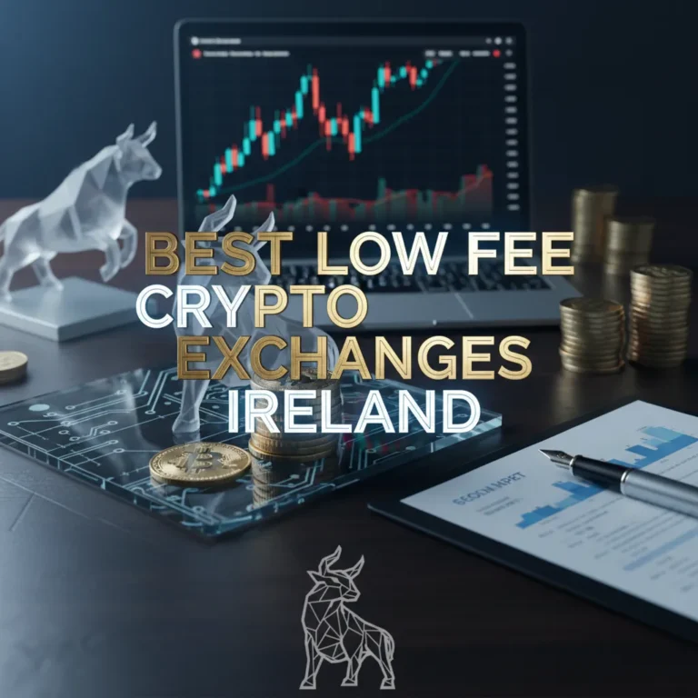 ** A meticulously arranged financial flat lay from a bird's-eye view on a dark polished wood desk, featuring a laptop displaying vibrant candlestick charts, stacks of gold crypto coins, and crisp business documents. The image conveys a professional, strategic atmosphere with warm studio lighting and deep shadows, highlighting the "Best Low Fee Crypto Exchanges Ireland" headline in a modern sans-serif font, overlaid with brushed gold and matte white textures, and subtle foreground elements creating extreme 3D depth. The image includes the provided company logo as a semi-transparent watermark at the bottom center.