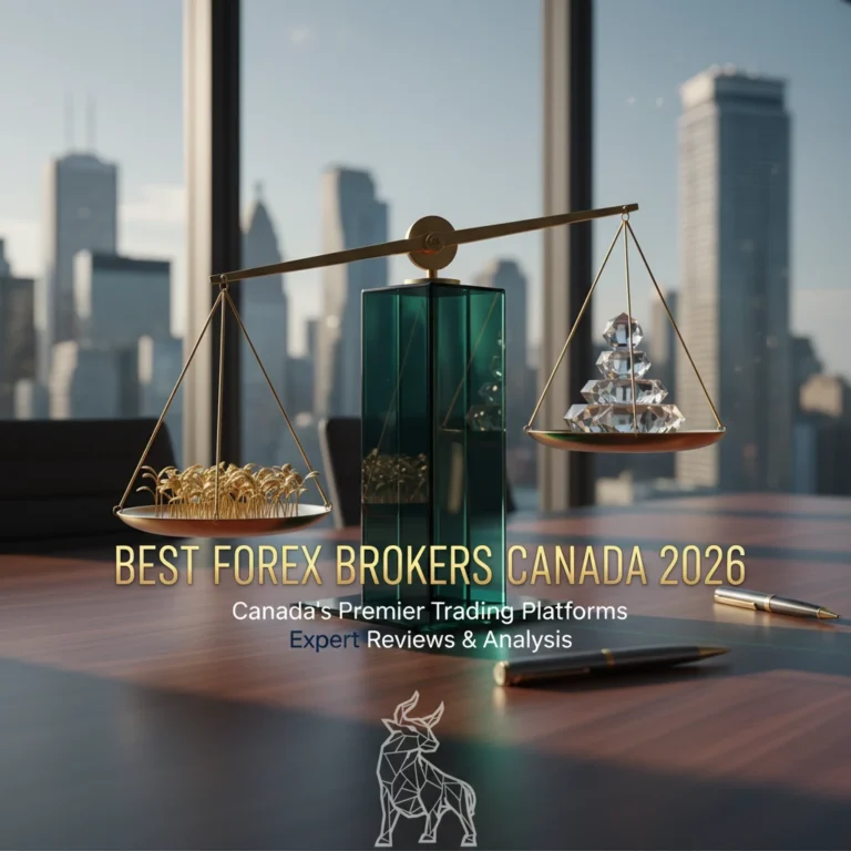 A hyper-realistic editorial photograph featuring a monolithic brass balancing scale on a high-end executive desk, set against a dramatic city skyline at sunset. One pan holds a crystalline hourglass with sand flowing, symbolizing time and urgency, while the other holds a golden growing seedling, representing investment growth and potential. The headline "BEST FOREX BROKERS CANADA 2026" is layered across the top in a bold, metallic sans-serif font, with the company logo subtly watermarked at the bottom center. The image conveys intelligent, high-stakes finance and market balance for forex investors.
