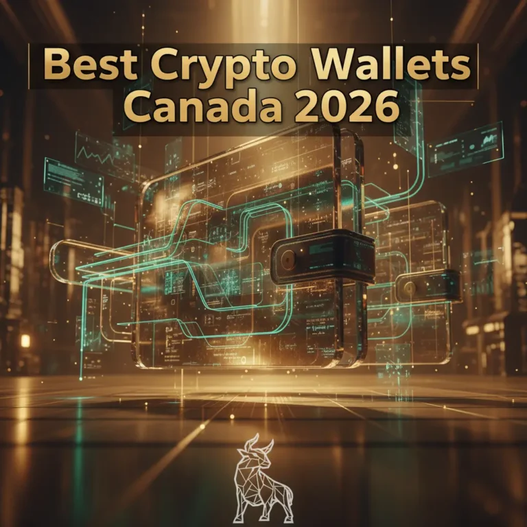 A hyper-realistic 5D financial technology render showing a large, monolithic crypto wallet structure composed of complex glassmorphism textures and glowing holographic UI elements. The scene features warm, opulent low-key lighting with soft amber glows and deep golden shadows, creating a high-stakes atmosphere. The headline "Best Crypto Wallets Canada 2026" is integrated as a layered editorial masthead in a gold, ultra-clean sans-serif font, with foreground elements subtly overlapping the letters for extreme 3D depth. The image emphasizes structural stability and interconnected neural nodes, with a semi-transparent geometric bull logo watermarked at the bottom center.