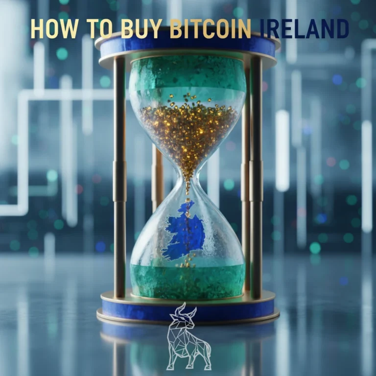 A hyper-realistic 5D render of a crystalline hourglass with golden particles flowing, featuring a frosted blue map of Ireland within the glass. The scene is lit with cool, sterile sapphire and white highlights, conveying a high-stakes, sophisticated financial technology aesthetic for "How To Buy Bitcoin Ireland".