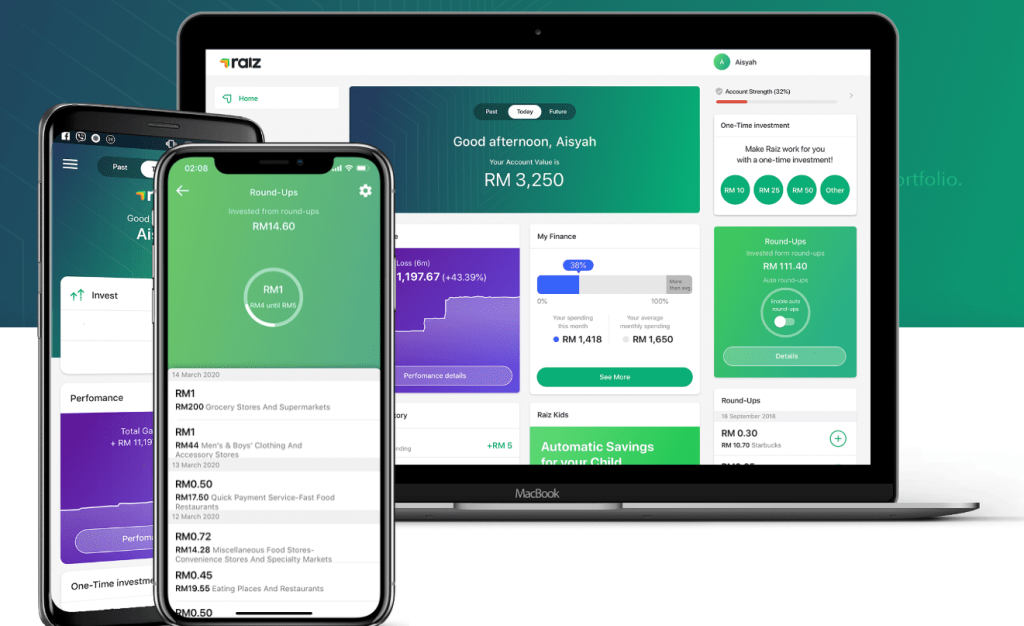 Raiz micro-investing app homepage showing portfolio growth and round-ups