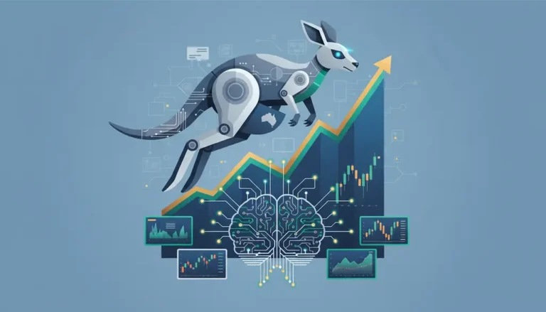 Futuristic robotic kangaroo leaps over rising line graphs and a digital brain, symbolizing technology and innovation in data analytics.