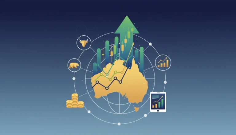 An illustration of Australia's map with rising stocks and a green arrow symbolizing growth. Icons of a bull, bear, coins, and a tablet suggest economic themes.