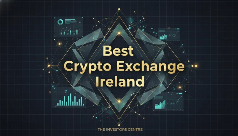 Gold text reads "Best Crypto Exchange Ireland" on a dark grid background with digital graphs. Geometric designs and glowing points add a modern, tech feel.