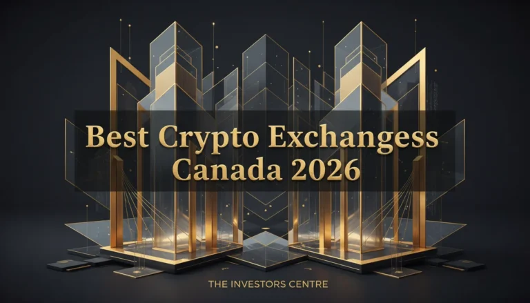 Alt text: "Futuristic golden geometric structures on a dark background with text 'Best Crypto Exchanges Canada 2026' in bold. Sophisticated and modern tone."