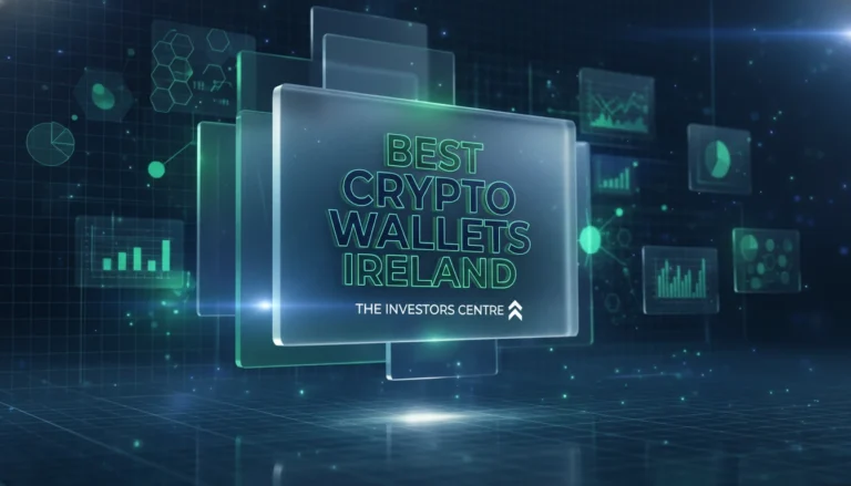 Futuristic digital graphic with "Best Crypto Wallets Ireland" text in center, surrounded by charts and data in glowing green and blue tones.