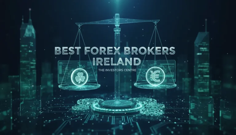Futuristic image of glowing scales with Euro and shamrock symbols, set against a cityscape. Text reads "Best Forex Brokers Ireland, The Investors Centre."