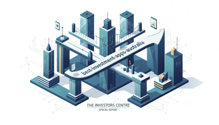 Futuristic cityscape illustration with skyscrapers connected by a winding path labeled "best-investment-apps-australia.” The tone is modern and technological.