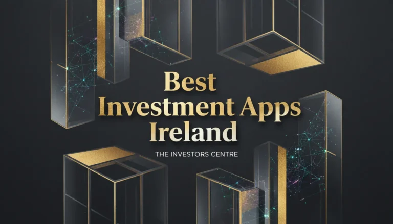Elegant dark-themed graphic featuring the text 'Best Investment Apps Ireland.' Gold and glass-like geometric shapes create a modern, sophisticated look.