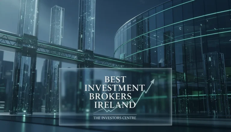 Futuristic cityscape with tall glass buildings and neon lights. Overlay text reads "Best Investment Brokers Ireland, The Investors Centre." Mood is modern and professional.
