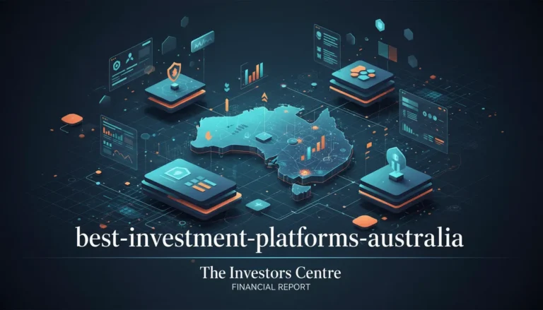 Illustration of Australia's map surrounded by digital investment icons and charts. Text reads "best-investment-platforms-australia" and "The Investors Centre Financial Report."