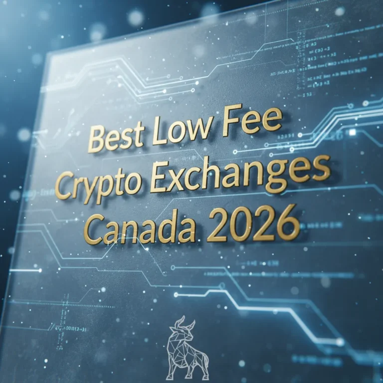 A cinematic macro close-up of a frosted glass screen displaying the headline 'Best Low Fee Crypto Exchanges Canada 2026' in brushed gold text, subtly layered over glowing sapphire and white holographic data streams and interconnected neural nodes. The scene features cool, sterile lighting, emphasizing the luxurious textures and high-tech atmosphere of a sophisticated financial analysis.