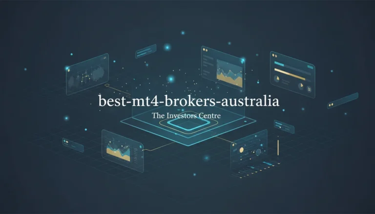 Futuristic digital dashboard with graphs and charts, highlighting "best-mt4-brokers-australia." Background features a dark, tech-themed grid.