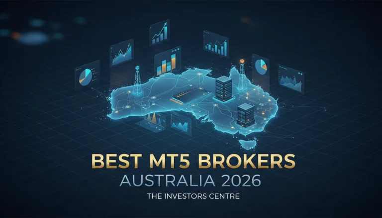 Futuristic map of Australia with digital charts and graphs, highlighting economic growth. Text reads 'Best MT5 Brokers Australia 2026, The Investors Centre.'