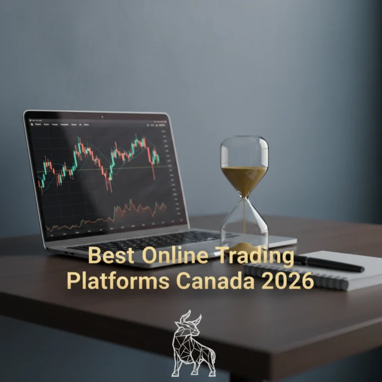 A modern professional workspace featuring a sleek laptop displaying stock charts, a crystalline hourglass symbolizing market timing and opportunity, and minimalist stationery, all set on a dark wooden desk. The headline "Best Online Trading Platforms Canada 2026" is prominently displayed in gold text. A semi-transparent geometric bull logo is watermarked at the bottom center. The image conveys financial sophistication and precision.