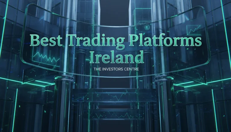 Futuristic glass architecture with teal accents and stock charts. Text reads "Best Trading Platforms Ireland" by "The Investors Centre." Modern and innovative tone.