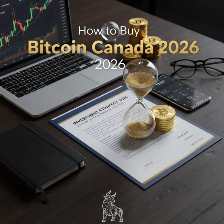 A top-down flat lay of a dark polished executive desk features a central crystalline hourglass filled with gold sand, symbolizing time and investment. Surrounding it are a high-end laptop displaying detailed Bitcoin candlestick charts, stacks of realistic gold Bitcoin coins, a professional investment strategy document, and a sleek smartphone. The scene is illuminated with warm studio lighting, creating deep, soft directional shadows and highlighting the hyper-realistic textures of rich wood grain and brushed metal, evoking trust and strategic financial planning for "How to Buy Bitcoin Canada 2026".