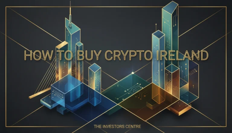 Futuristic cityscape with tall, geometric skyscrapers in blue and gold tones. Text reads "How to Buy Crypto Ireland," conveying a modern, tech-forward theme.