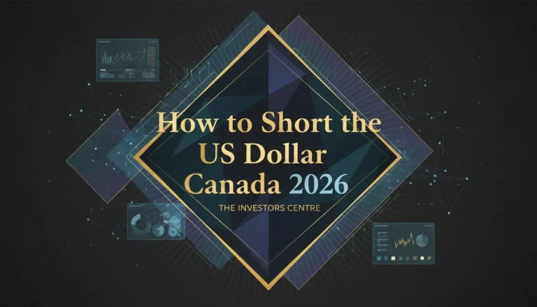 Geometric digital design with data charts. Central text reads, 'How to Short the US Dollar Canada 2026, The Investors Centre' on a dark background.