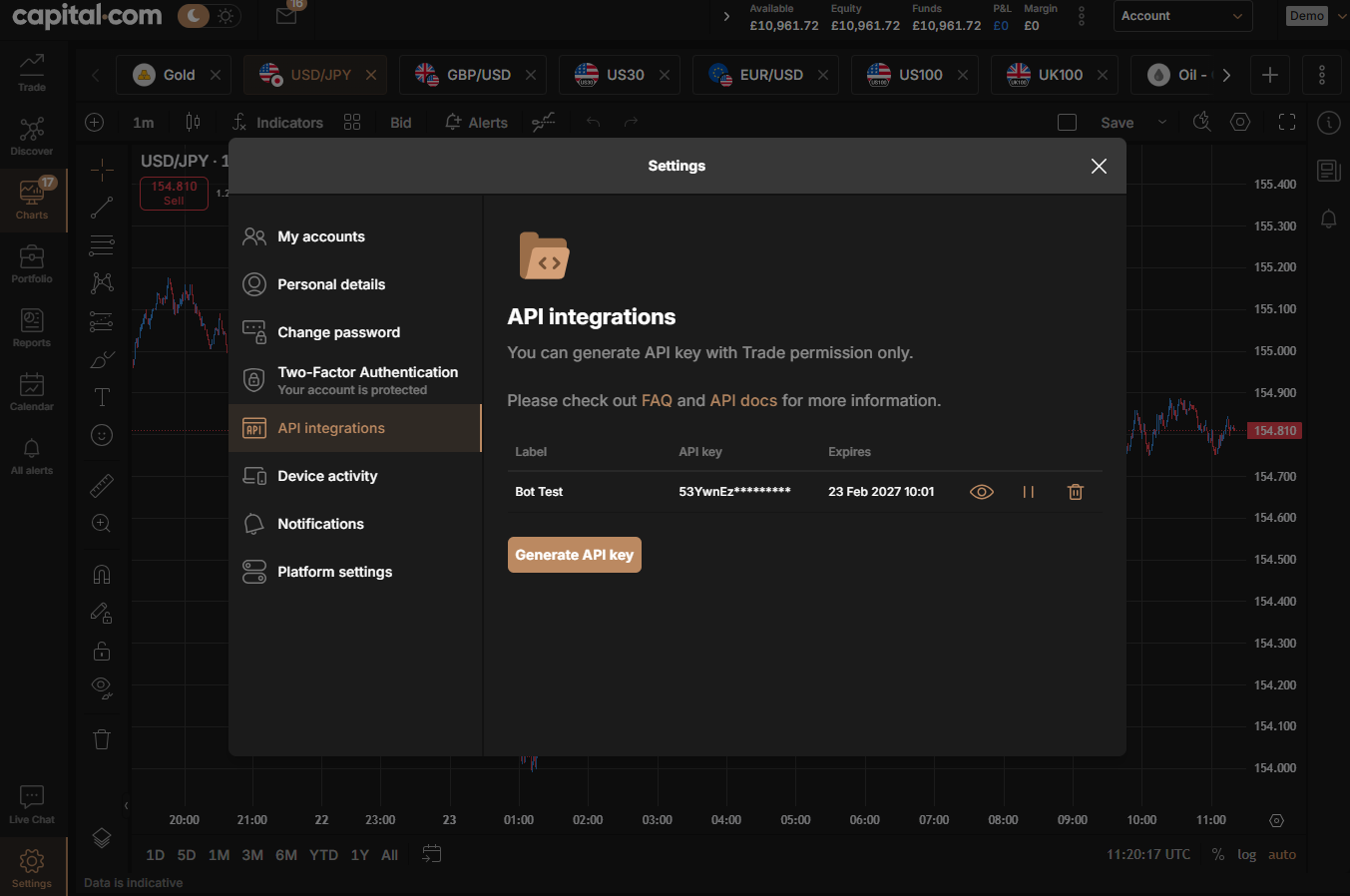 Capital.com API key generation screen showing where to create and manage API credentials for bot trading