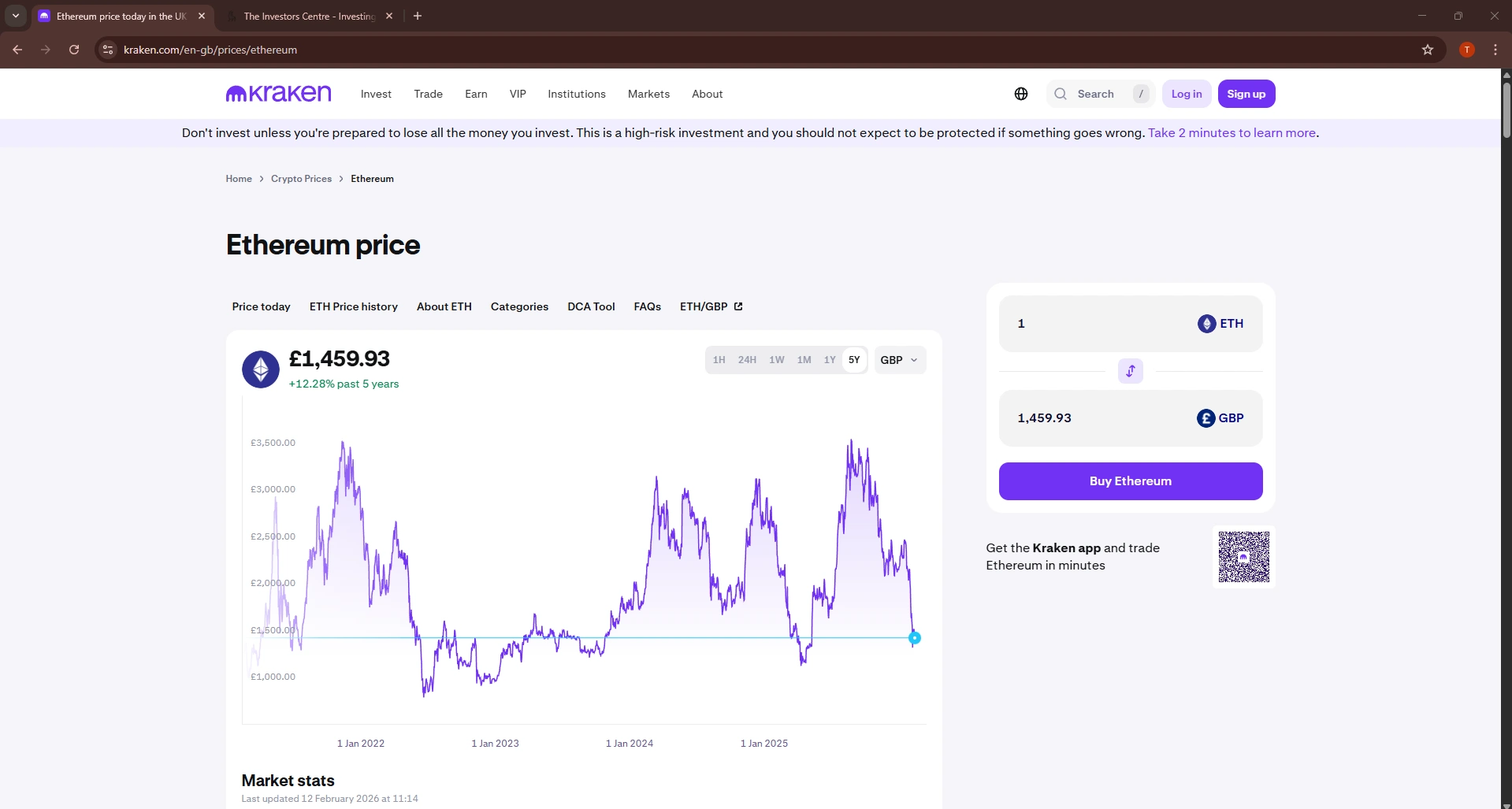 Kraken Ethereum price page showing ETH chart and GBP buy option