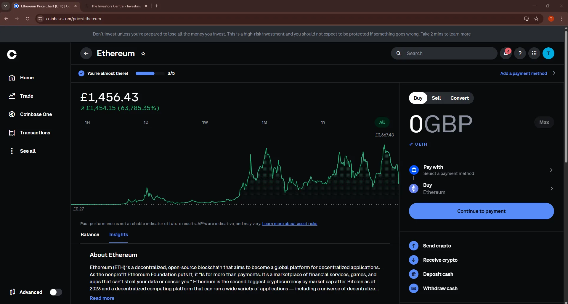 Coinbase Ethereum dashboard showing ETH price chart and buy options in GBP