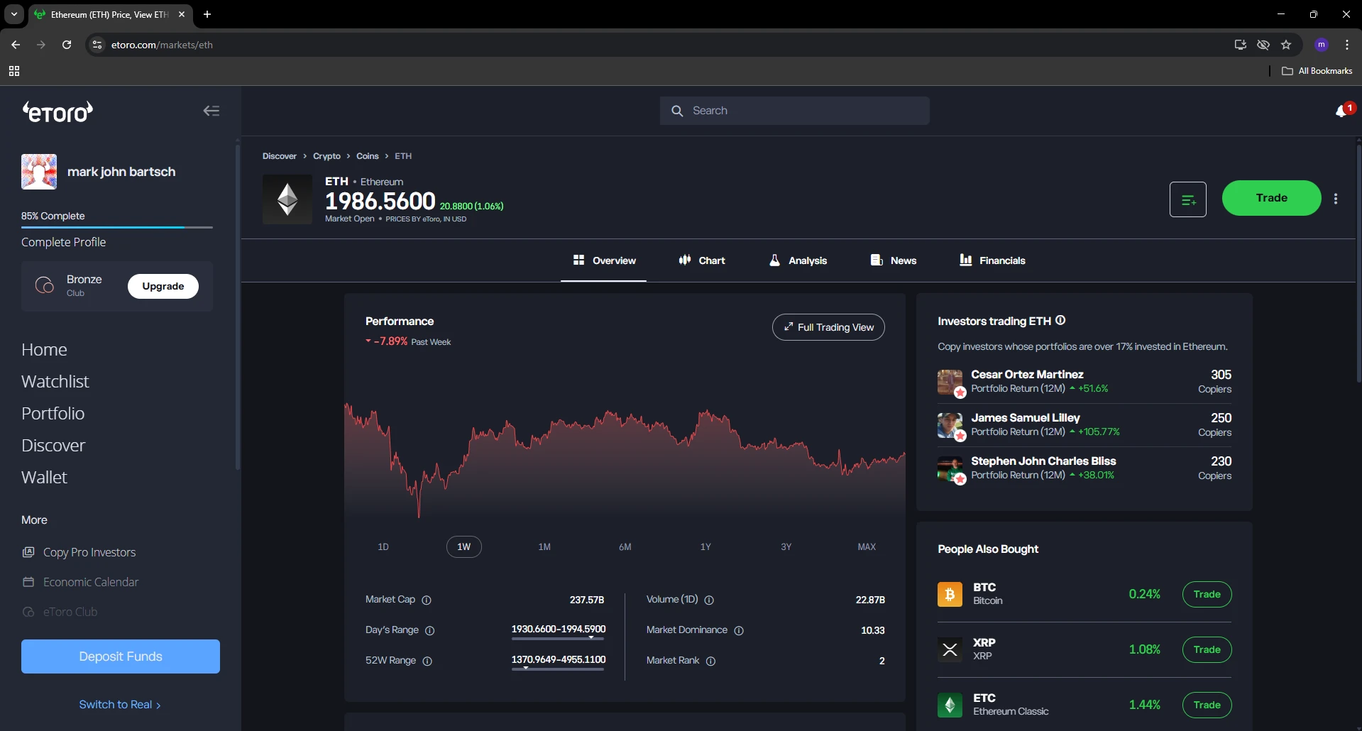 eToro Ethereum trading page showing ETH price performance and social investing features