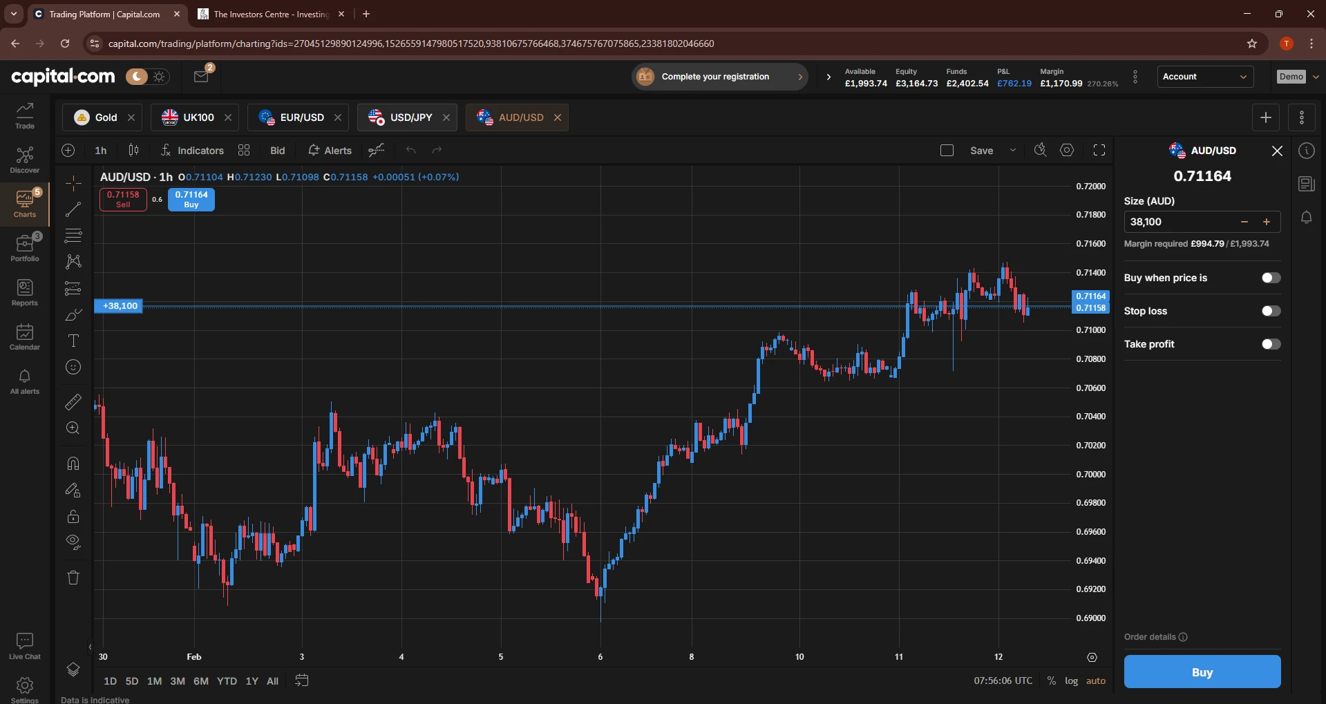 Capital.com trading platform showing AUD/USD 1-hour candlestick chart with a buy order panel at 0.71164