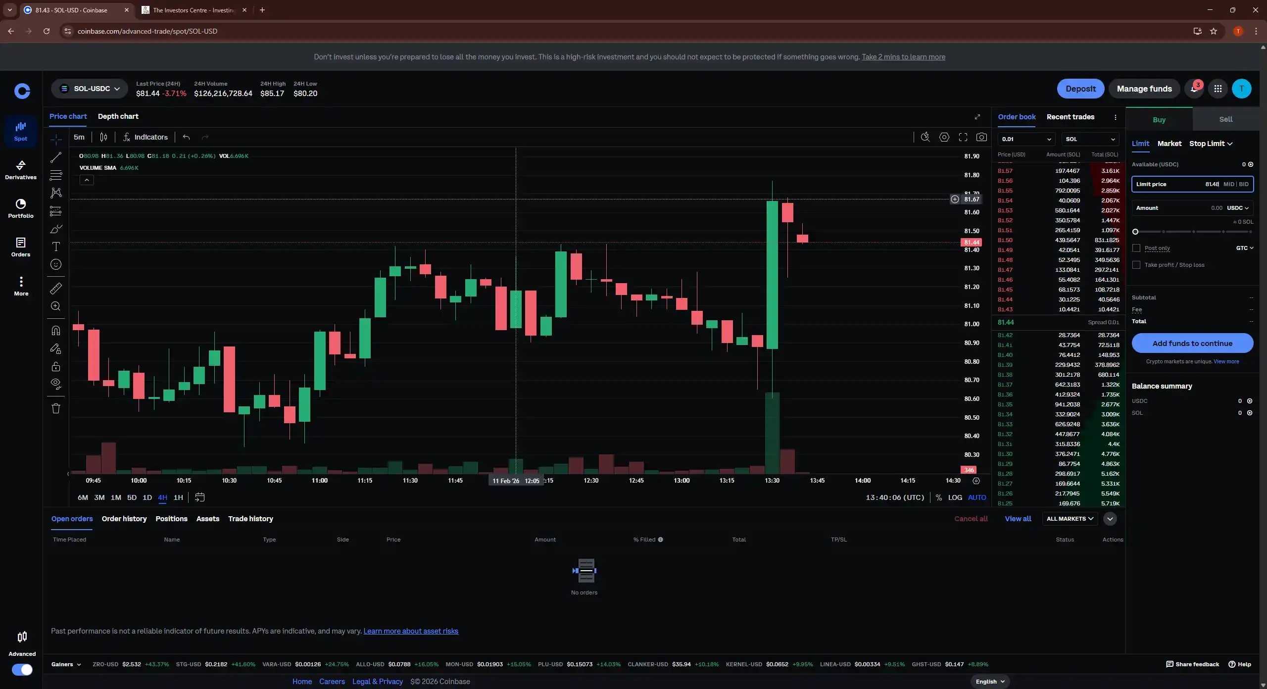 Coinbase Advanced trading interface displaying Solana price chart, order book and buy limit order options.