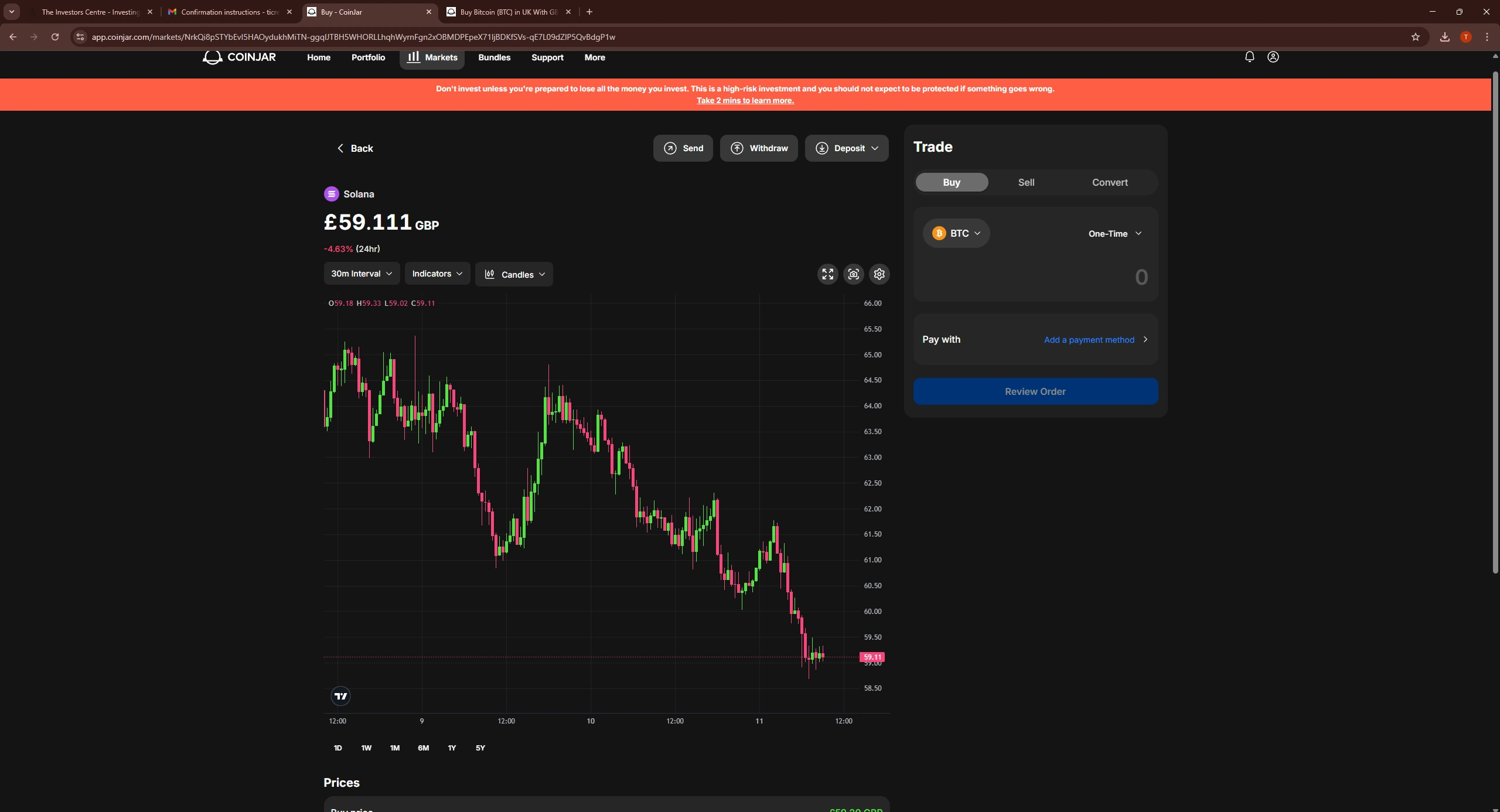 CoinJar Australian crypto exchange interface showing Solana price chart in GBP and trade order panel.