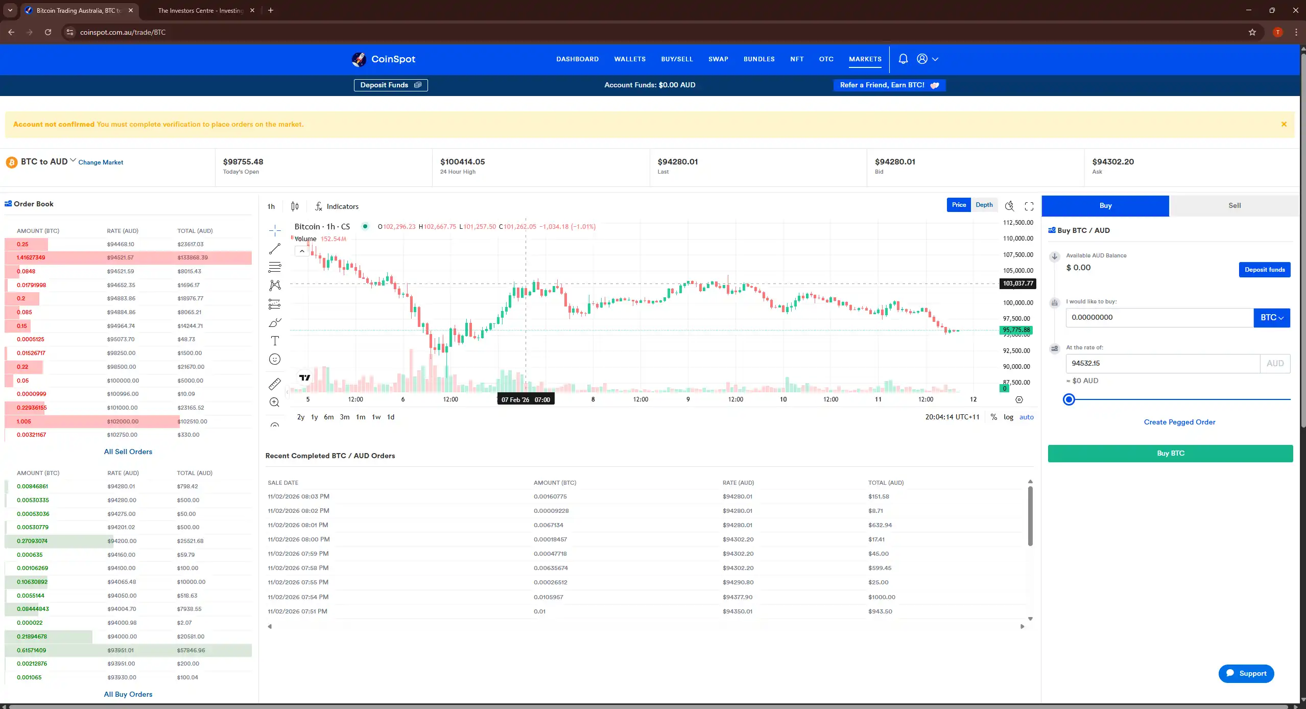 CoinSpot Australian cryptocurrency exchange displaying BTC to AUD chart, order book and buy Bitcoin form.