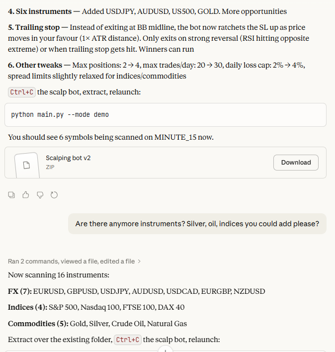 Claude AI modifying the trading bot strategy and creating a new Python file with updated parameters