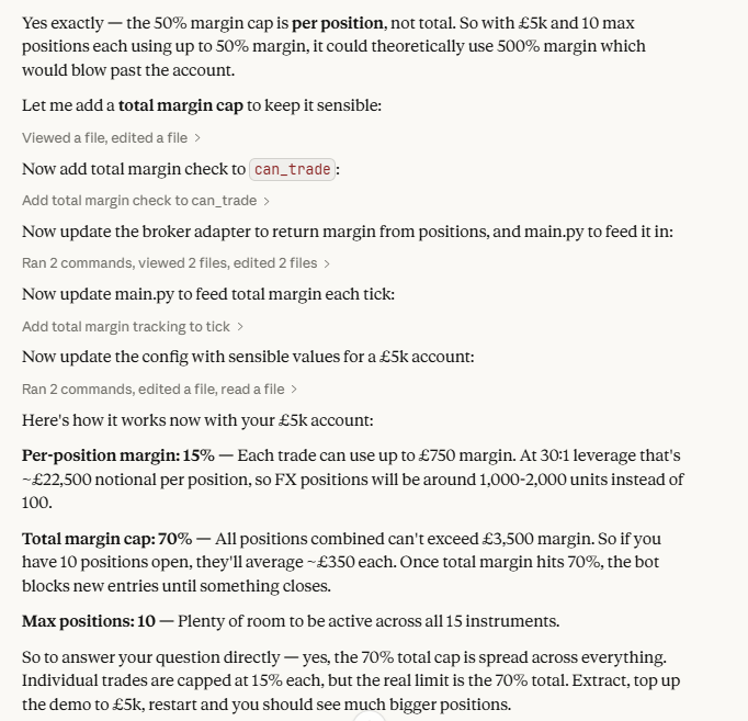 Claude AI debugging a trading bot, identifying and fixing a logic error in the position sizing code