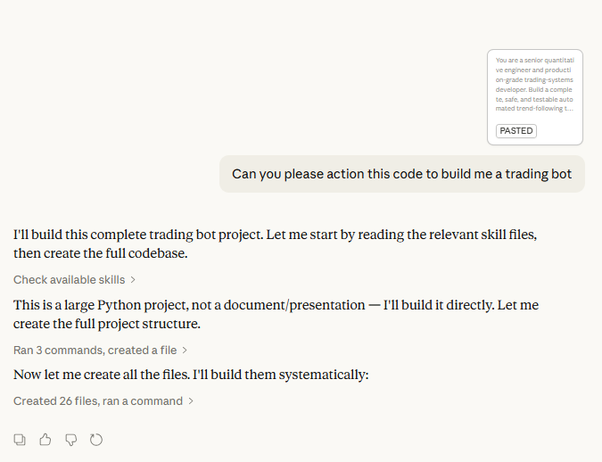 First prompt sent to Claude AI asking it to build a trading bot for Capital.com API, showing the initial conversation
