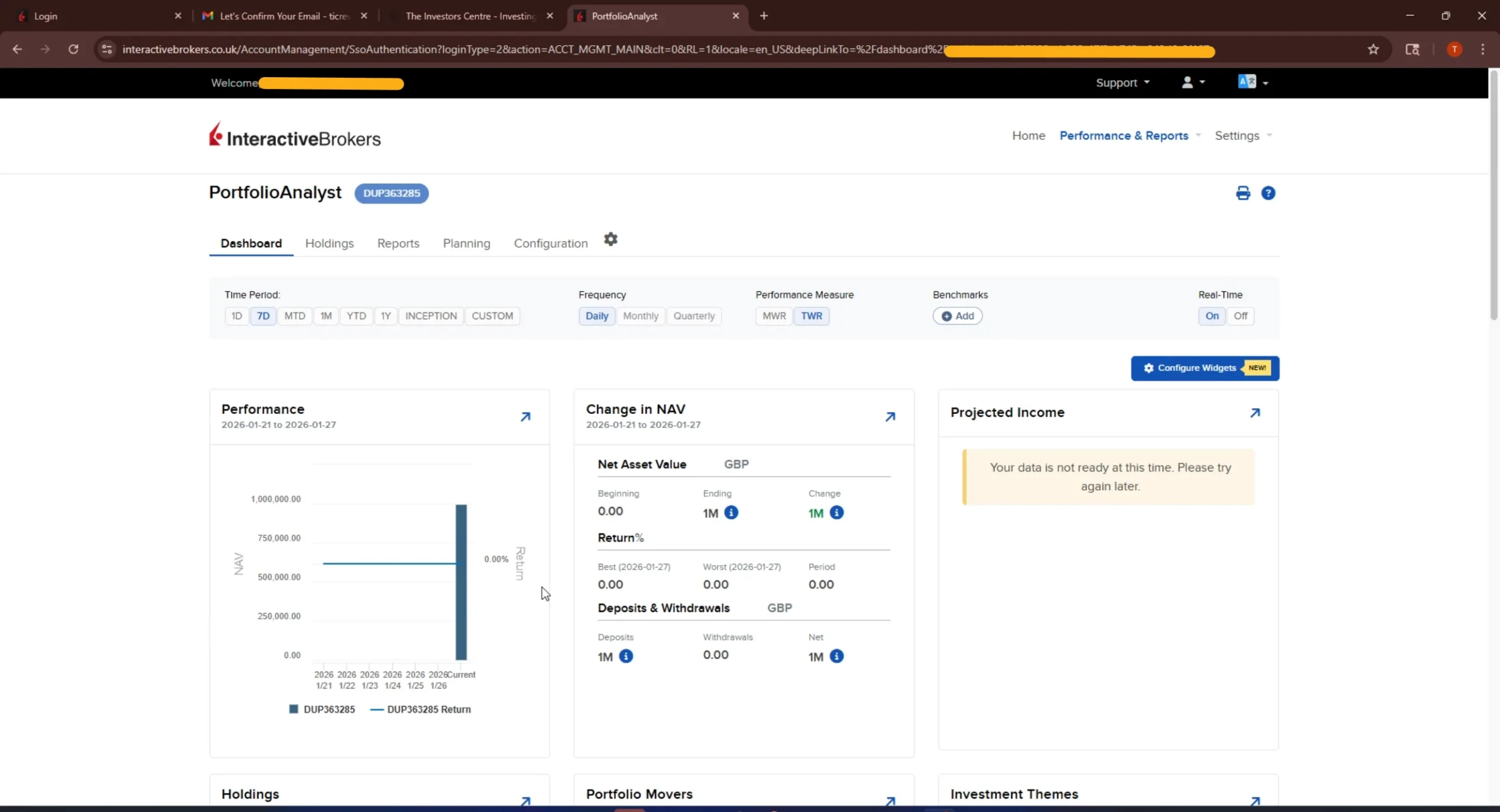 Interactive Brokers dashboard displaying portfolio performance, NAV changes, and reporting tools