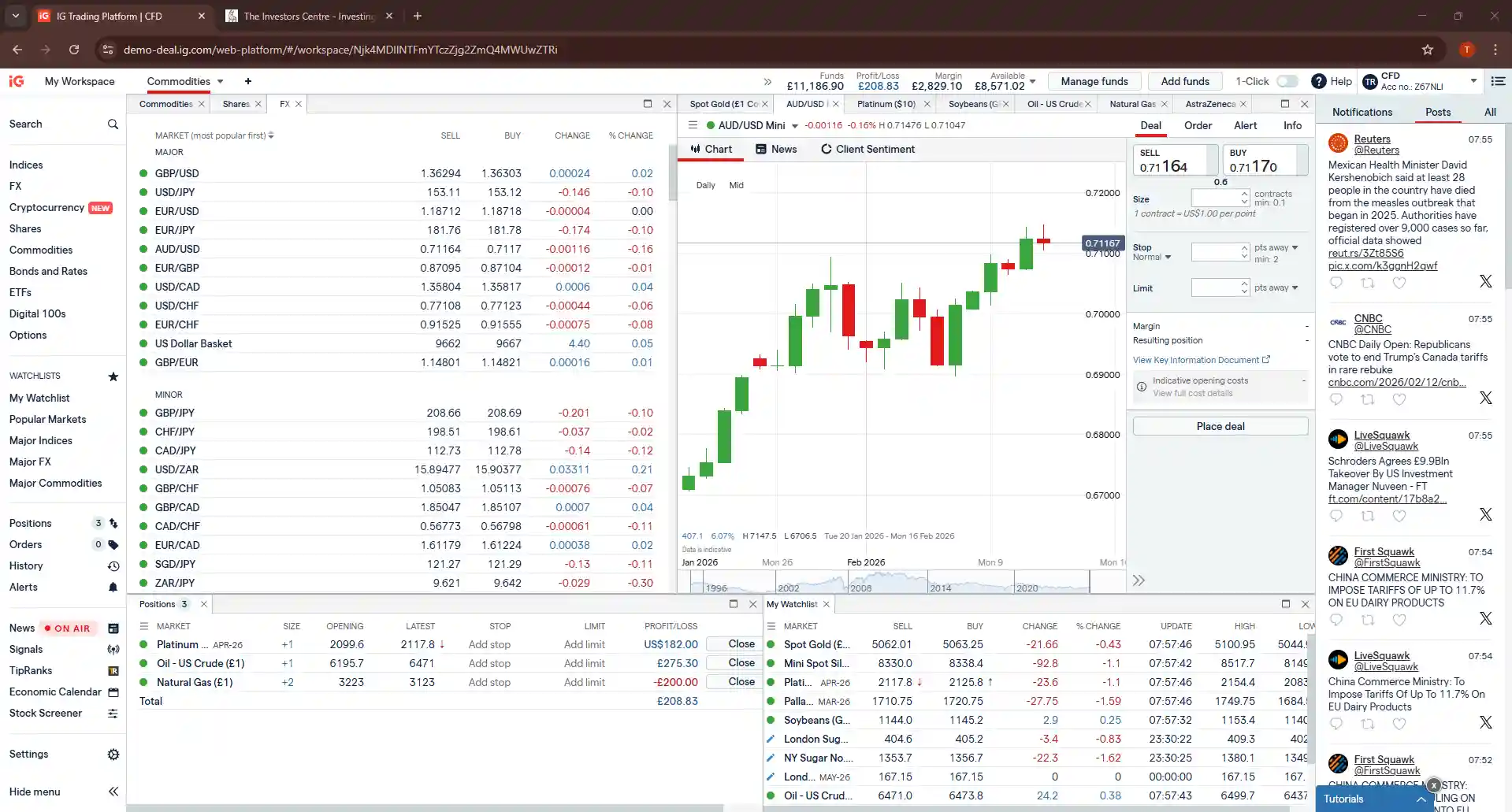 IG web trading platform showing AUD/USD Mini CFD daily chart with a forex watchlist and live buy order at 0.71170